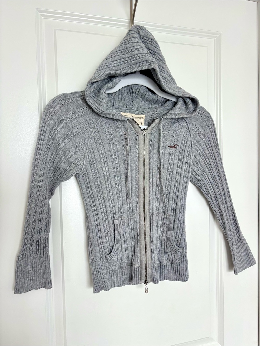 Vintage Y2K Hollister 100% Cotton Gray Ribbed Hooded Zip Sweater Cardigan S /M